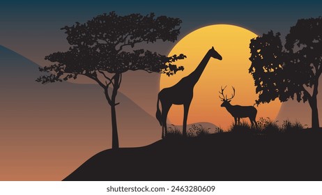African landscape poster with acacia tree giraffe and sunset on background vector illustration