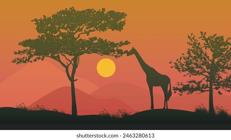 African landscape poster with acacia tree giraffe and sunset on background vector illustration