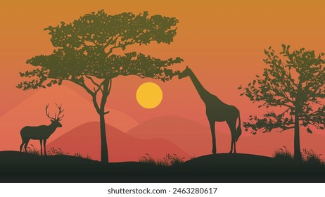 African landscape poster with acacia tree giraffe and sunset on background vector illustration