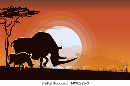 African landscape rhinoceros and her calf, vector illustration.