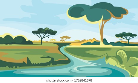 African landscape with river and trees. Beautiful nature scenery.