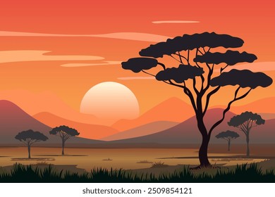 Afrikanische Landschaft der Savanne und Berge bei Sonnenuntergang. Erstaunliche afrikanische Tierwelt Landschaft mit Bäumen, Feldern, Vegetation und Bergen. Schöne Vektorgrafik der Natur für Design.