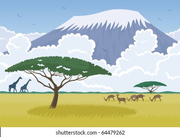 African landscape with the Savannah and mount Kilimanjaro. 