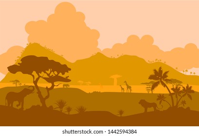 African landscape ,Savannah silhouette, lion , giraffes ,mountain palm clouds