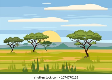 African landscape, savannah, sunset, vector, illustration, cartoon style, isolated
