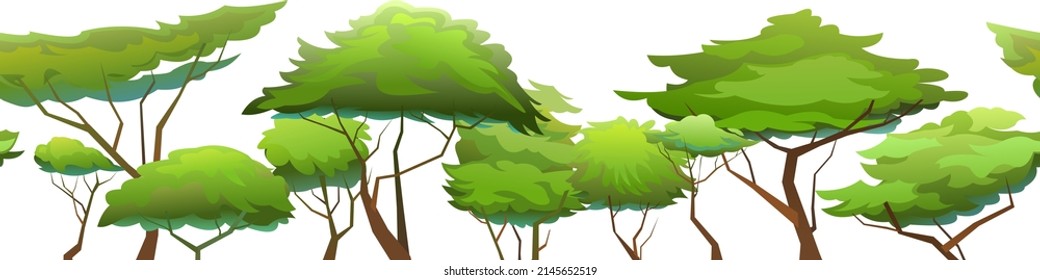 African landscape. Seamless horizontally illustration. Isolated on white background. Acacia trees. Africa savanna plants. Vector.