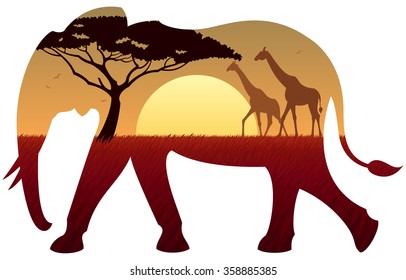 African landscape in silhouette of elephant. No transparency used. Basic (linear) gradients used. 
