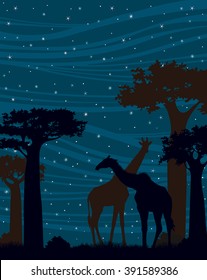 African landscape with silhouette of two giraffes and baobabs on a starry night sky. Vector nature illustration.