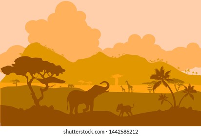 African landscape silhouette,elephant, giraffe,palm mountains ,Savannah