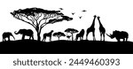 African landscape silhouettes of animals. hand drawing. Not AI, Vector illustration.