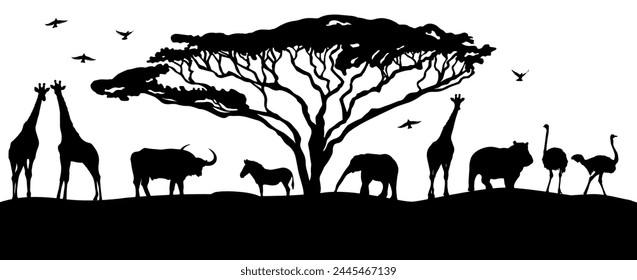 African landscape silhouettes of animals. hand drawing. Not AI, Vector illustration.