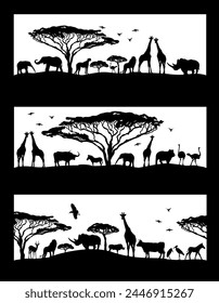 Siluetas de paisajes africanos de animales. dibujo a mano. AI no, Ilustración vectorial.