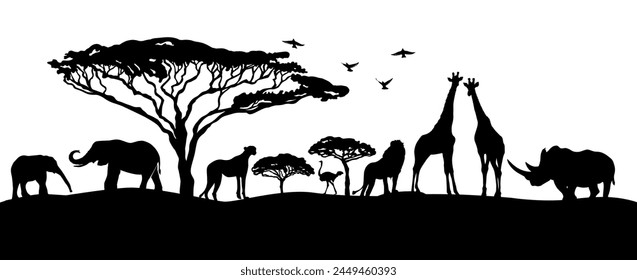 African landscape silhouettes of animals. hand drawing. Not AI, Vector illustration.