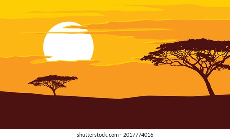 Afrikanische Landschaft. Einzelne Bäume unter der schleichenden Sonne. Vektorbild für Drucke, Poster und Illustrationen.