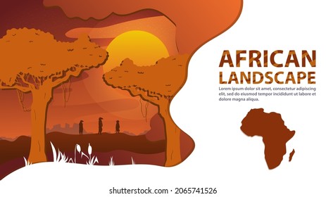 African landscape in the style of cut paper, for the design, meerkat animals stand among the trees against the sunset background