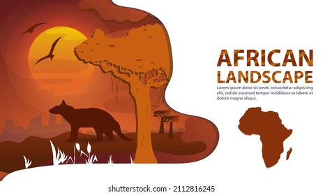 African landscape in the style of cut paper, for the design, the animal Mongoose stands next to a tree against the background of sunset