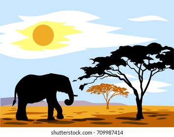 African landscape with summer sun and walking elephant