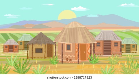 Paisaje africano con amanecer y cabañas.