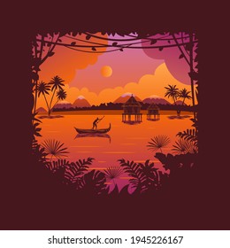 African landscape at sunset and dawn background. Silhouettes of tropical trees and leaves. Color vector illustration in flat style. 