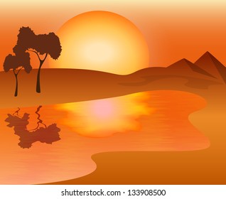 African landscape - sunset on the lake, vector illustration