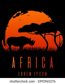 African Landscape at Sunset with Rhino Silhouette Copy Space