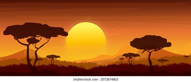 African landscape, sunset in Savannah in cartoon style. Evening with silhouette of jungle trees and mountains in horizon