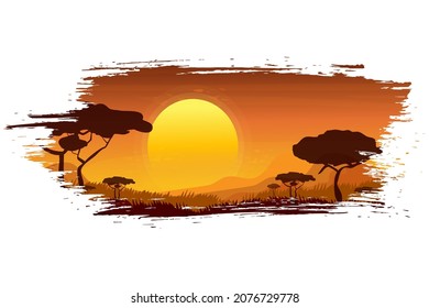 African landscape, sunset in Savannah in cartoon style. Evening with silhouette of jungle trees and mountains in horizon