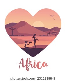 African landscape at sunset in the shape of a heart. Tribal Women. Africa Inscription