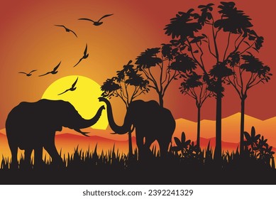 African landscape with sunset and silhouette Vector Image.