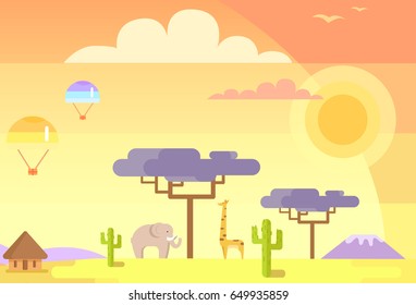 African landscape with tall trees, green cactuses, big giraffe, grey elephant, small house, calm volcano and parachutes in sky vector illustration.