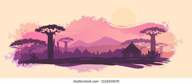 African landscape with tree silhouette. Savanna sunset background.