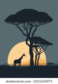 Paisaje africano con árboles y silueta de jirafa ilustrativo gráfico