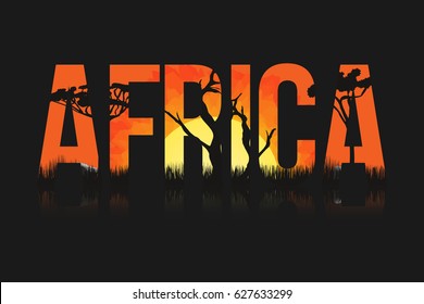 African landscape with trees and sun. Lettering "Africa" with savanna, prairies, sunset inside. Vector