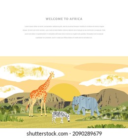 African landscape. Vector banner with animals, acacia tree, grass and place for text. Bright template for touristic, safari and zoo