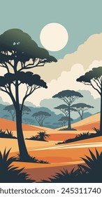 African landscape. vertical drawing of nature, savannah in the middle of the day, with lots of plants, silhouettes of trees, Vachellia tortilis. minimalistic style. vector illustration