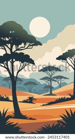African landscape. vertical drawing of nature, savannah in the middle of the day, with lots of plants, silhouettes of trees, Vachellia tortilis. minimalistic style. vector illustration