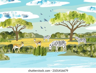 African landscape. Zebras and antelopes congregate around a waterhole. Nature vector Illustration with animals, birds, trees and clouds. Nature illustration for touristic, safari and zoo