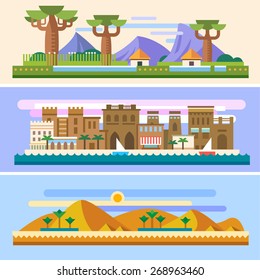 African landscapes: Savannah, houses, mountains, baobabs, desert, sun, sand, pyramids, palm trees, city, sea, boats. Background for site or game. Vector flat illustrations