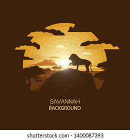 African landscape.Savannah. Lion standing on a hill.Negative space illustration