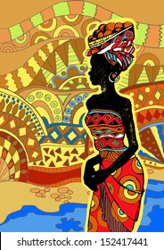 African Landscape.Southern landscape. Hand drawn illustration  Beautiful black woman.African woman