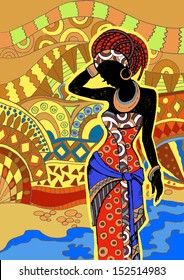 African Landscape.Southern landscape. Hand drawn illustration  Beautiful black woman.African woman