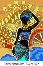 African Landscape.Southern landscape. Hand drawn illustration Beautiful black woman.African woman