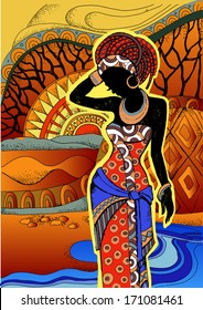 African Landscape.Southern landscape. Hand drawn illustration Beautiful black woman.African woman