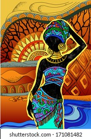 African Landscape.Southern landscape. Hand drawn illustration Beautiful black woman.African woman