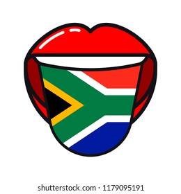African language tongue with flag South Africa open woman smile mouth flat icon