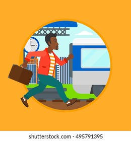 An African Latecomer Man Running Along The Platform To Reach The Train. Man Came Too Late At Train Station. Man Chasing Train. Vector Flat Design Illustration In The Circle Isolated On Background.