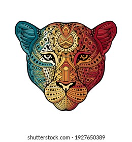 African leopard in vintage style. Head cat, leopard, tiger, lion, panther, cheetah. Drawn by hand. Multicolor. Abstract wild animal. Cartoon style vector. Africa's Big Five. Boho, Doodle, Zentangle