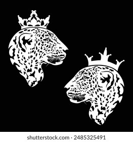 african leopard wearing royal crown profile head - stylized big cat black and white hand drawn vector portrait set (produced without the use of any form of AI software at any stage)