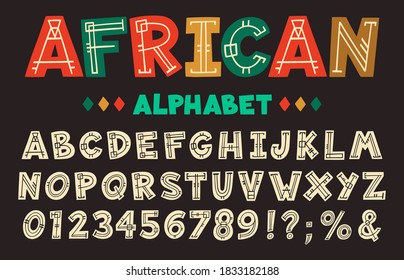 African letters. Hand drawn ancient tribal font, decorative aztec, african and hawaiian ethnic ABC alphabet isolated vector illustration icon set. Latin or english letters, numbers and marks