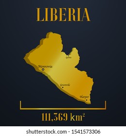 African Liberia golden 3d solid country outline silhouette, realistic piece of world map template, for infographic, vector illustration, isolated object, background. From countries set